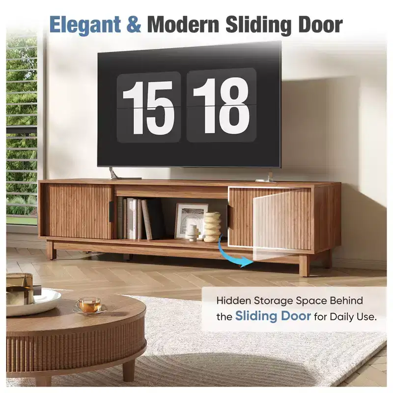 JIONJOY Mid-Century Modern TV Stand - Wood Entertainment Center with Storage & Cable Management for TVs up to 75 Inch