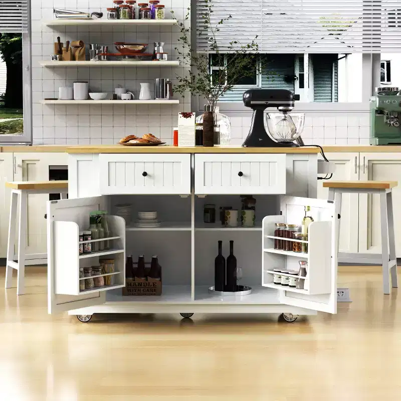 48-inch Large 5-Wheel Kitchen Island with 2 Bar Stools, Power Outlet, Folding Table Top Storage Cart, Open Side Shelves, 2 Drawers, White