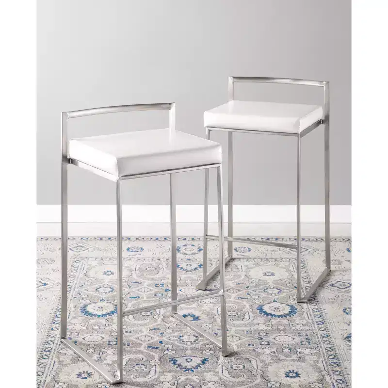 LumiSource Set of 3 Fuji Stacker Counter Height Barstools Stainless Steel/White PU