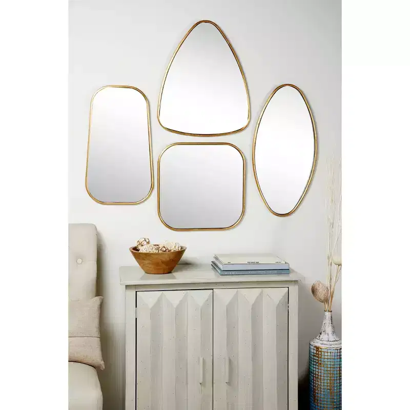 Wood Wall Mirror with Varying Shapes Set of 4 Gold - CosmoLiving by Cosmopolitan: Modern Iron Frame, Wall Mount, No Assembly Required
