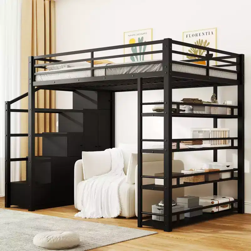 Whisen Full Size Loft Bed with 4-Tier Shelves & Stair Storage, Safe & Easy to Assemble(Upgraded) - Black