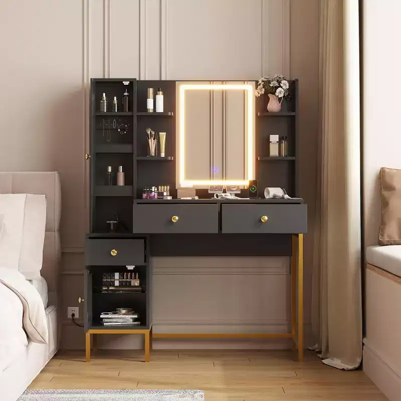 Makeup Vanity, 3 Lighting Modes Vanity Desk with Soft Cushioned Stool, Modern Dressing Table with 3 Drawers & Cabinet & Open Shelves