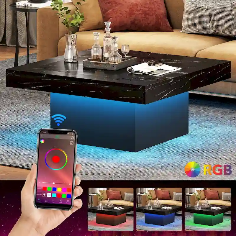 Farmhouse Coffee Table Square LED Coffee Table Engineered Wood Coffee Table