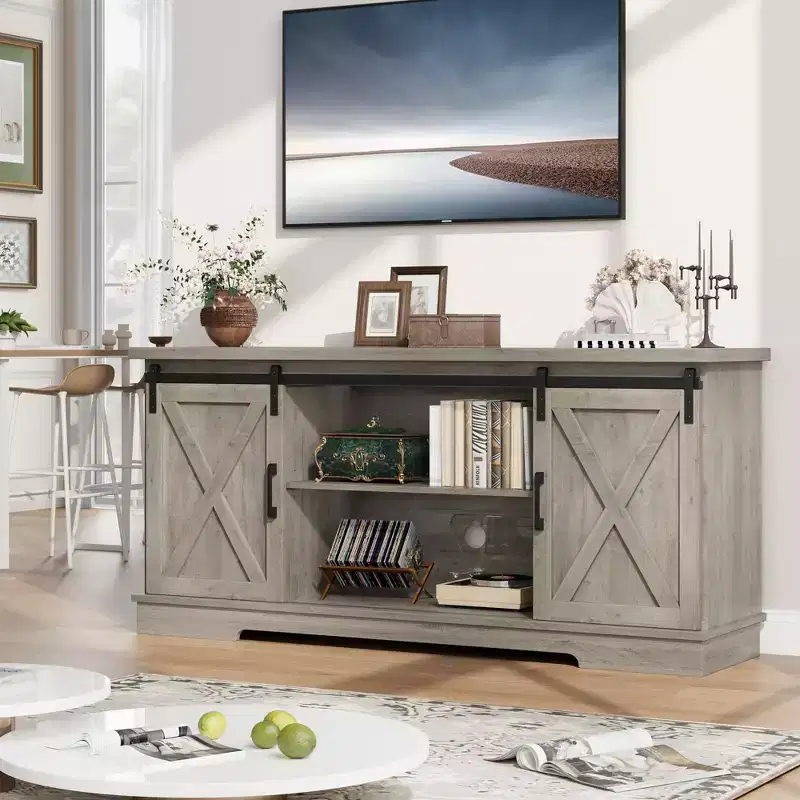 Farmhouse TV Stand for 65 Inch TV, Entertainment Center TV Media Console Table, White TV Stand with Barn Doors, Storage and Shelves