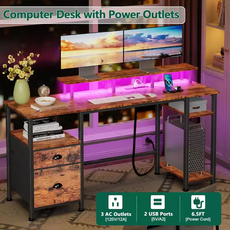 61 Inch Rustic Brown Computer Desk with Charging Station Reversible Gaming Desk LED Lights File Cabinet Monitor Stand Storage Shelves Home Office
