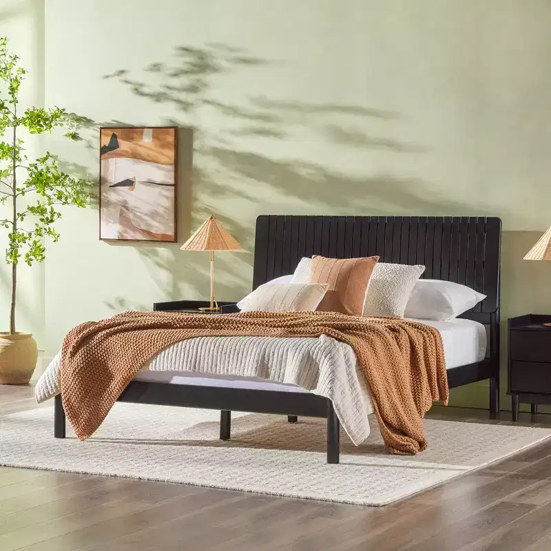 Queen Bed Frame with Vertical Slat Headboard, Platform Base, No Box Spring Needed