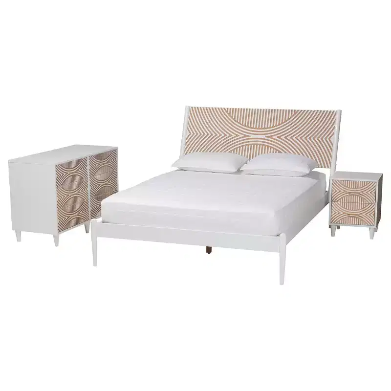Baxton Studio Queen 3pc Louetta Carved Contrasting Bedroom Set White/Natural Brown