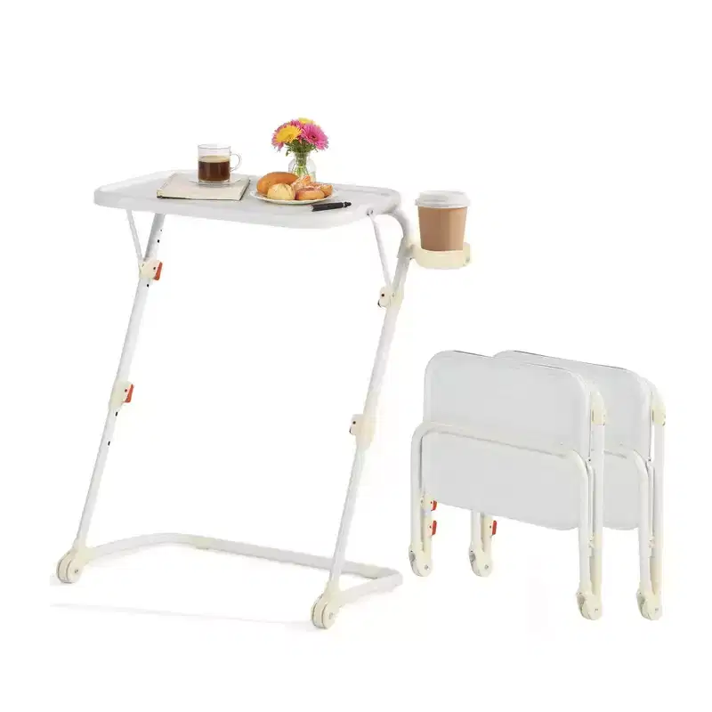 FurnitureR Adjustable Folding TV Tray with 4 Height & 3 Tilt Angle, Foldable Dinner Trays Laptop Snack Table with Cup Holder Sofa, 3PCS. White