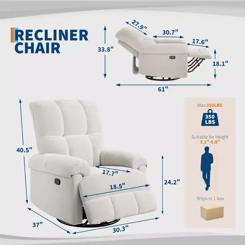 Oversized Recliner Chair, Overstuffed Soft Chenille Swivel Rocker Recliner with Padded Armrests, Nursery Rocking Chairs