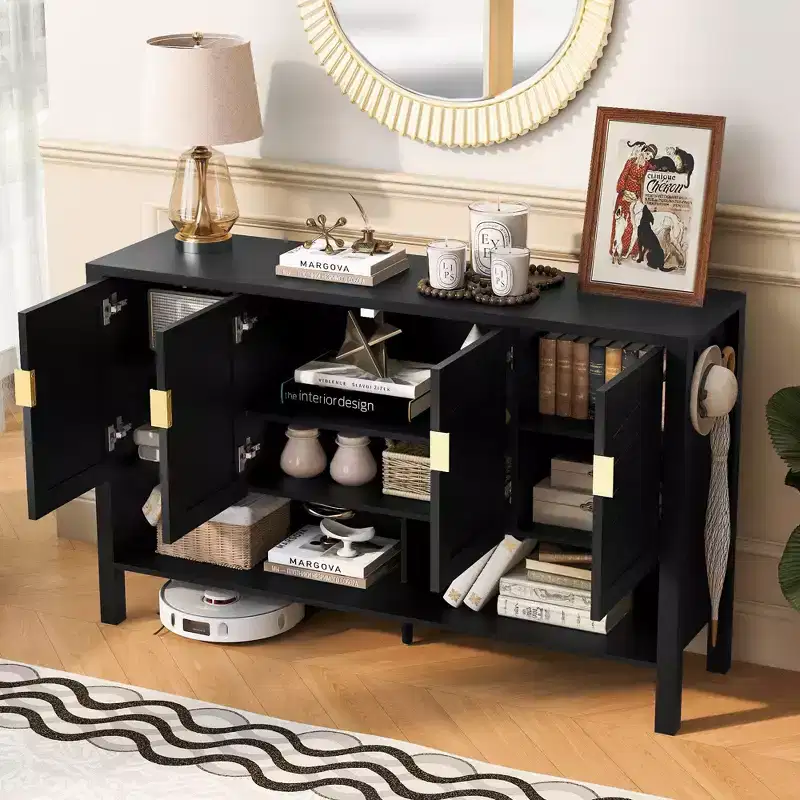 Okak Modern Double Tiers 4-Door Sideboard Storage Cabinet for Dining Room,Living Room,Kitchen Pantry Cabinets with Open Shelves
