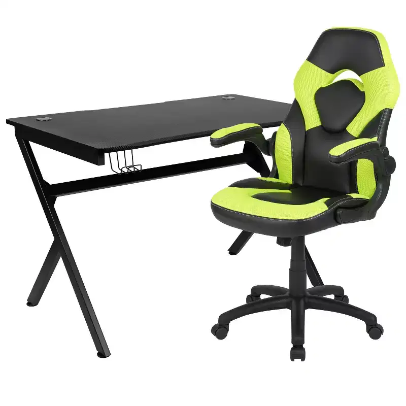 Flash Furniture Gaming Desk and Racing Chair Set with Cup Holder, Headphone Hook & 2 Wire Management Holes