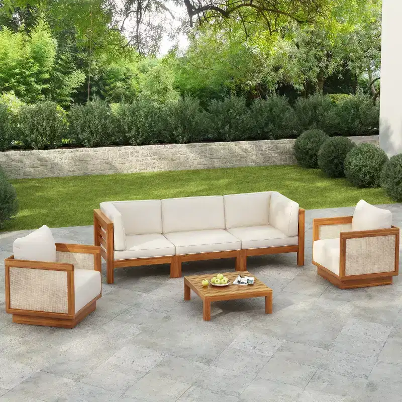 Christopher Knight Home Isora Patio 6 Piece Acacia Wood Seating Set with Slatted Coffee Table and Cushions