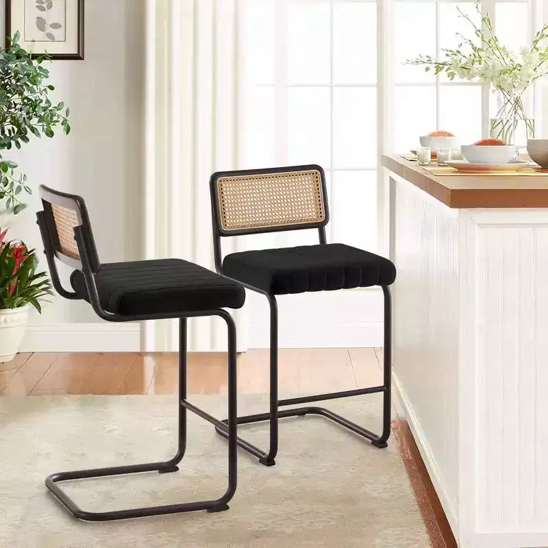 26 Counter Height Bar Stools - Rattan, Velvet Upholstered with Cane Back & Metal Frame, Mid Century Modern Kitchen Stools for Counter Island
