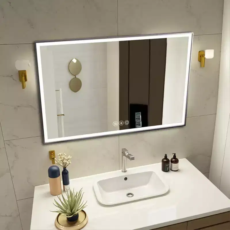 Bathroom Wall-Mounted Mirror with Aluminum Frame and Dimmable Touch Control, Anti-Fogging, 48x32 - Silver