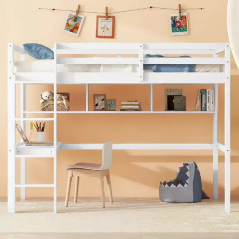 Durable Double-Level Loft Bed with Integrated Desk and Storage Shelf