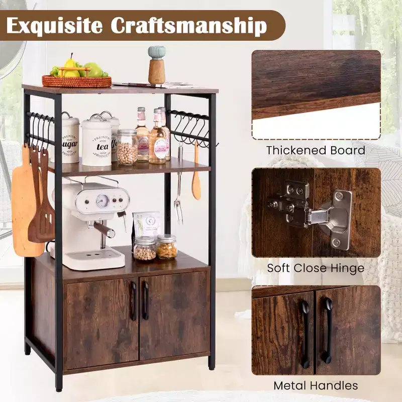 Costway 3-Tier Kitchen Bakers Rack with Cabinet 2 Open Shelves 10 S-Shaped Hooks