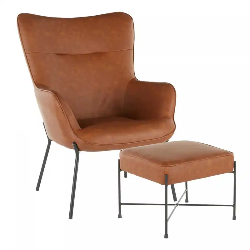 Faux Leather Industrial Accent Lounge Chair and Ottoman - Camel
