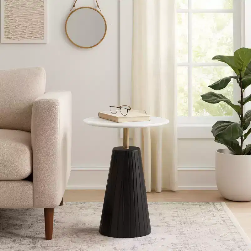 Timeless Marble Top End Table with Sleek Fluted Base Accent - Compact Small Side Table for Home, Covered Patio, or Living Room End Tables