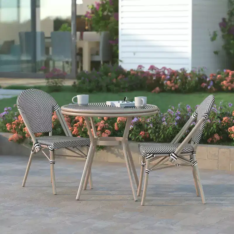 Emma & Oliver Massalia Indoor/Outdoor Bistro Style 31.5 in. Table with Textilene, Glass Top, and Bamboo Finished Metal Frame