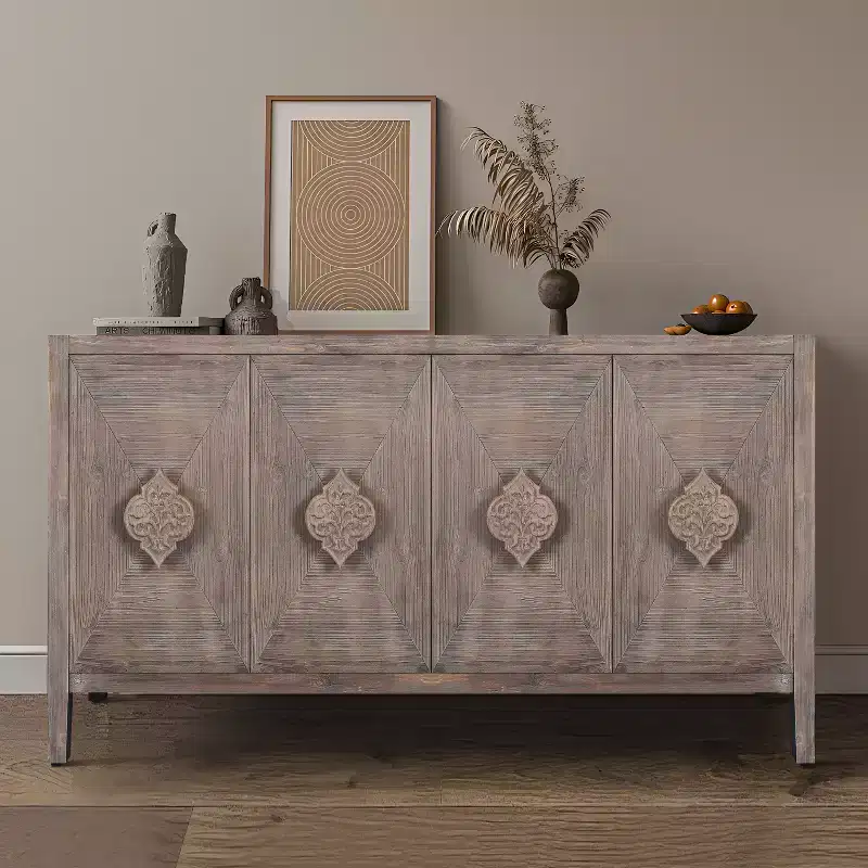 Antique Brown 4-Door Wood Cabinet with Carved Handles, 1-Person Assembly