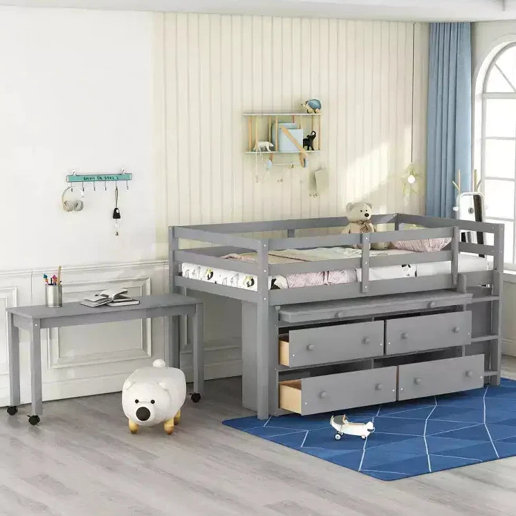 Low Loft Bed with Retractable Desk, Space Saving Wooden Bed Frame with 4 Drawers & 4 Shelves