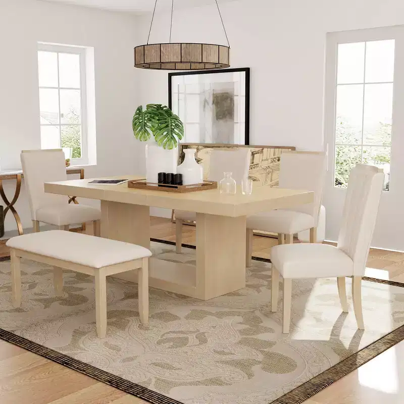 GDFStudio Sira Contemporary 6 Piece Rubberwood Dining Set with Extendable Table and Linen Upholstered Seats