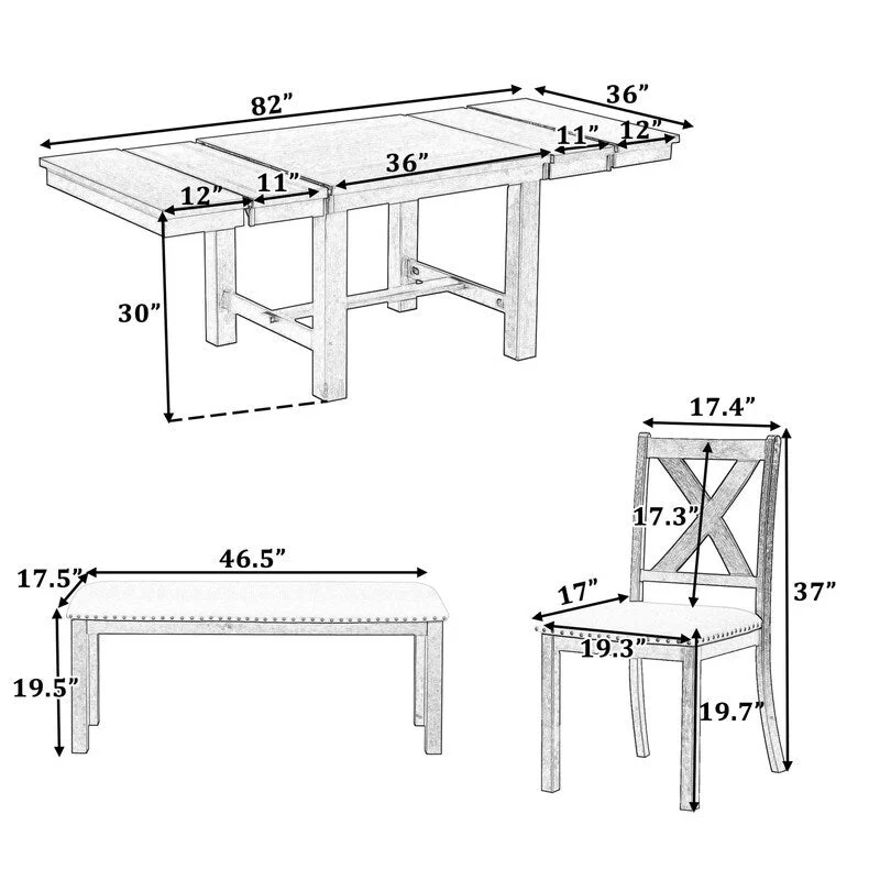 6-Piece Dining Kitchen Table Set, Extendable Wood Dining Table, 4 Upholstered Dining Chairs and Bench, Two 11 Removable Leaf