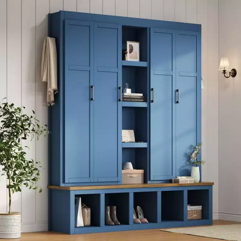 Blue Farmhouse 4-in-1 Hall Tree with 6 Hanging Hooks Mudroom Wood Grain Bench with Open Compartments