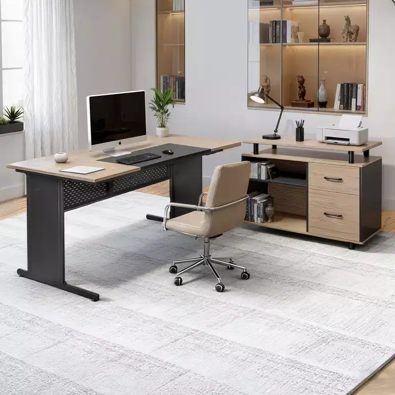 L-Shaped Executive Desk with Lockable Drawers & Storage Cabinet – 350 lb Capacity, Black & Brown