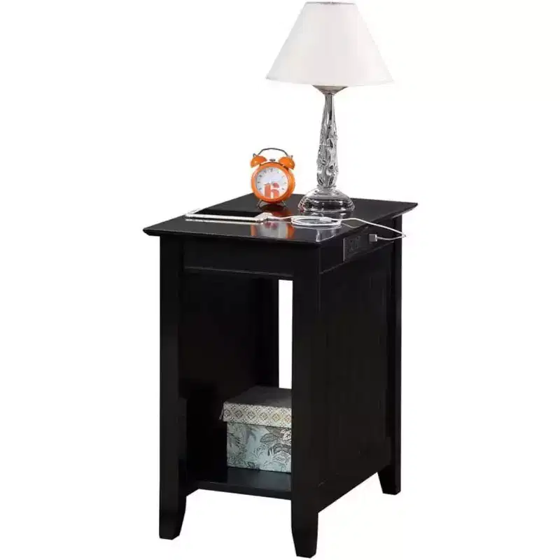 Rectangle Wood End Table with Built-In Charging Station, 2 Outlets & 2 USB Ports, Black