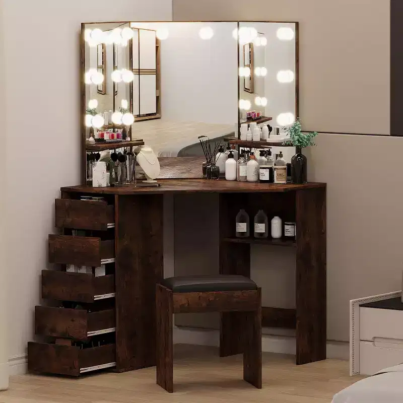Wood Corner Vanity Desk with 3-Fold LED Mirror, 5 Drawers and Bench