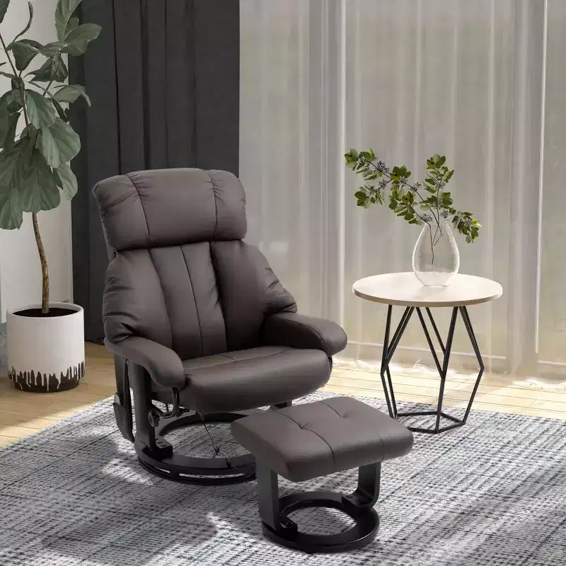 Recliner with Ottoman Footrest, Vibration Massage Recliner Chair with Faux Leather Upholstery and Swivel Wood Base for Living Room and Bedroom