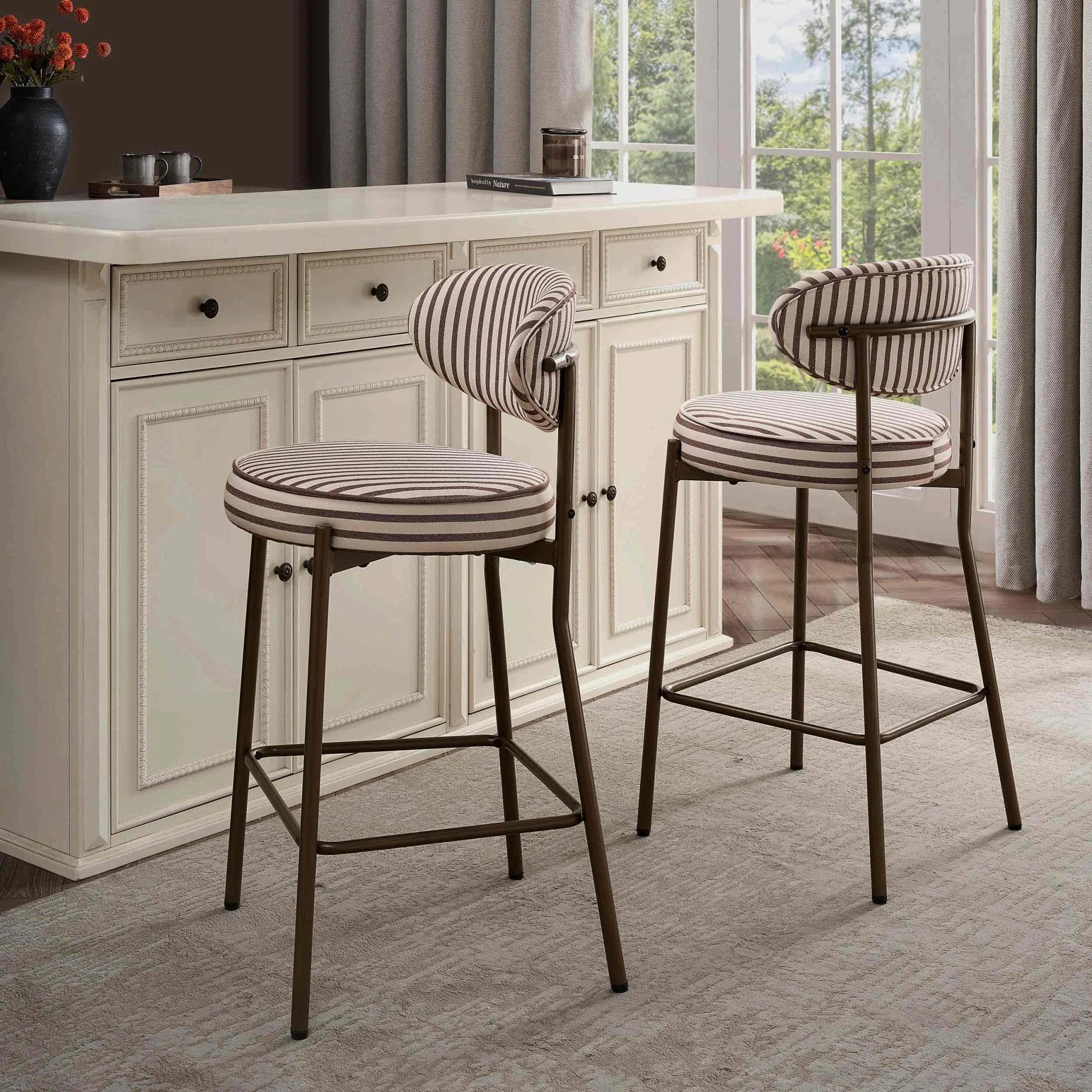 Cottagecore Chocolate Stripe Fabric Barstool with Bronze Frame for Kitchen