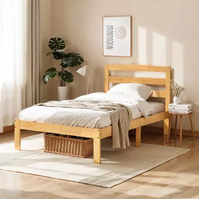 Subrtex Solid Wood Platform Bed with Headboard, Bed Frame with Wood Slat Support, Wood color