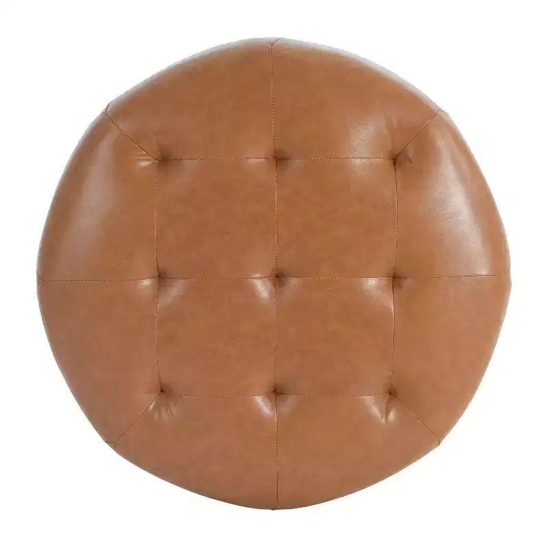 Round Button Tufted Ottoman, PU/Linen Upholstered Footstool with Birch Wood Legs