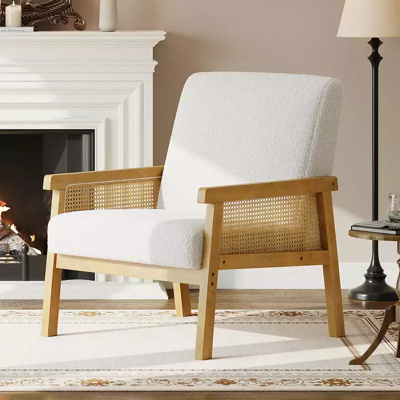 High Back Rattan Accent Chair with Wooden Frame and Linen Upholstery – Seat 22.5