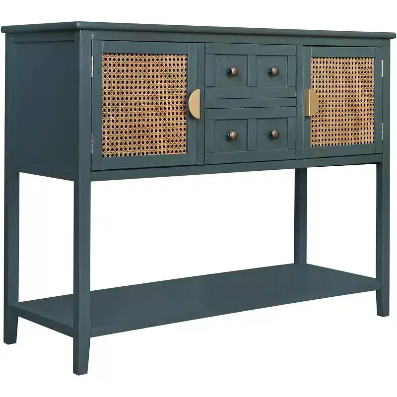 Rattan Accent Console Table with 2 Drawers, Narrow Wood Sofa Table with Cabinet Storage, 2-Tier Entryway Table for Living Room, Hallway, FoyerK