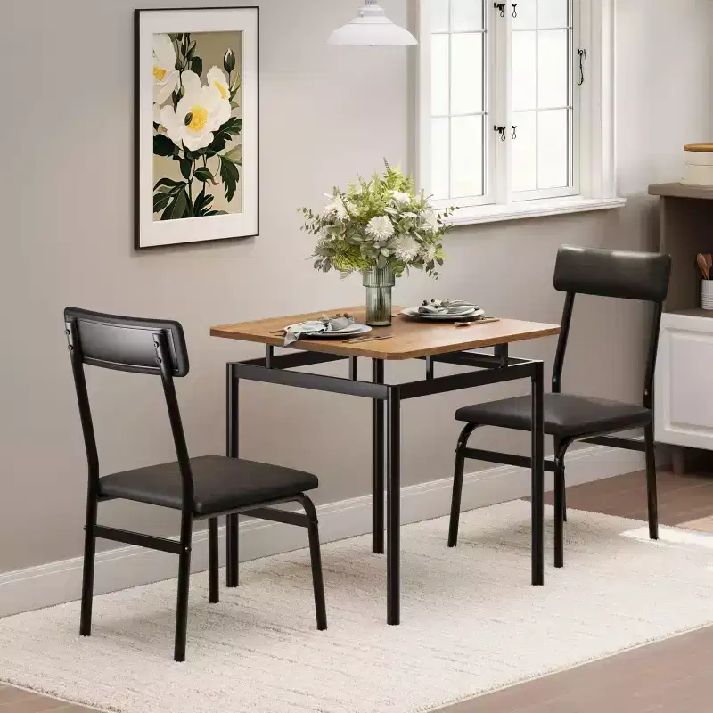 3-Piece Kitchen Table Set for 2, Wooden Dining Table Set for Small Place, Farmhouse Table Set with Table and Chair for Small Rooms or Flats, Brown