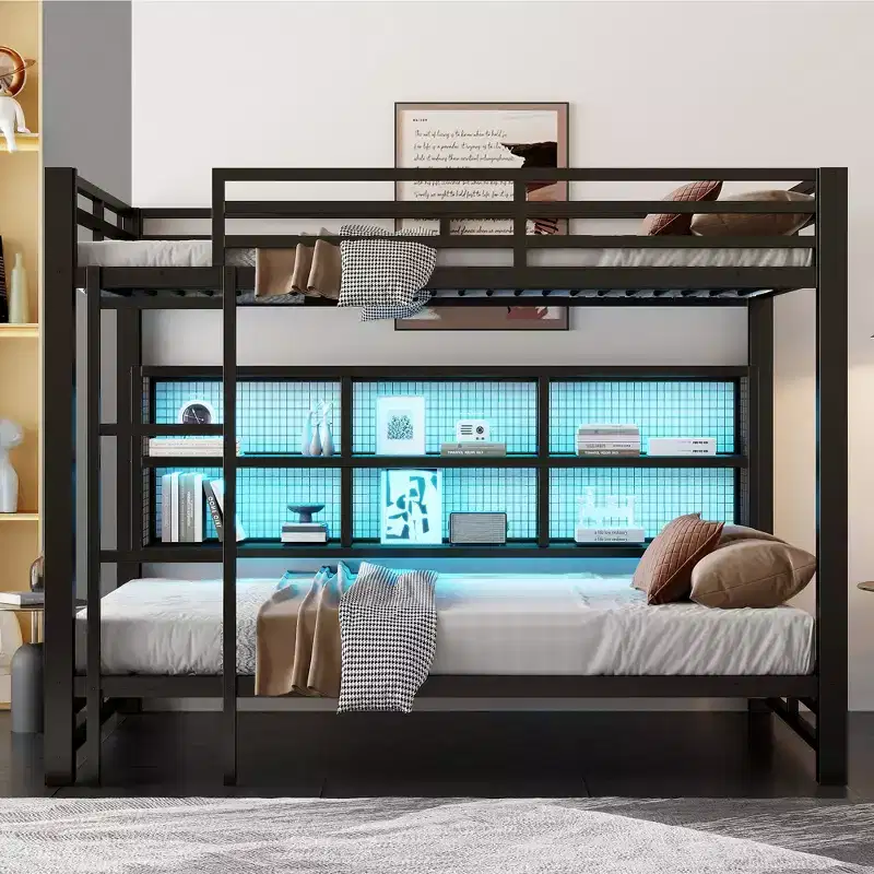 Metal Queen over Queen Bunk Bed with Storage Cabinets and LED, Black