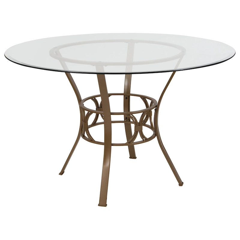 48 Round Glass Dining Table with Crescent Style Metal Frame - 48W x 48D x 29.5H - 48W x 48D x 29.5H