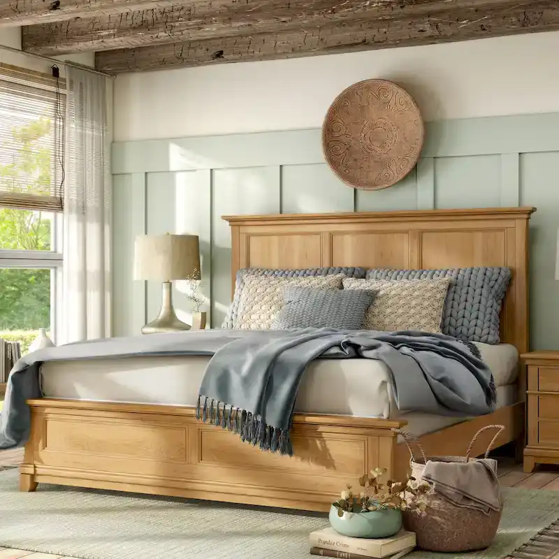 Furniture of America Wellington Farmhouse Natural Oak Solid Wood Panel Bed