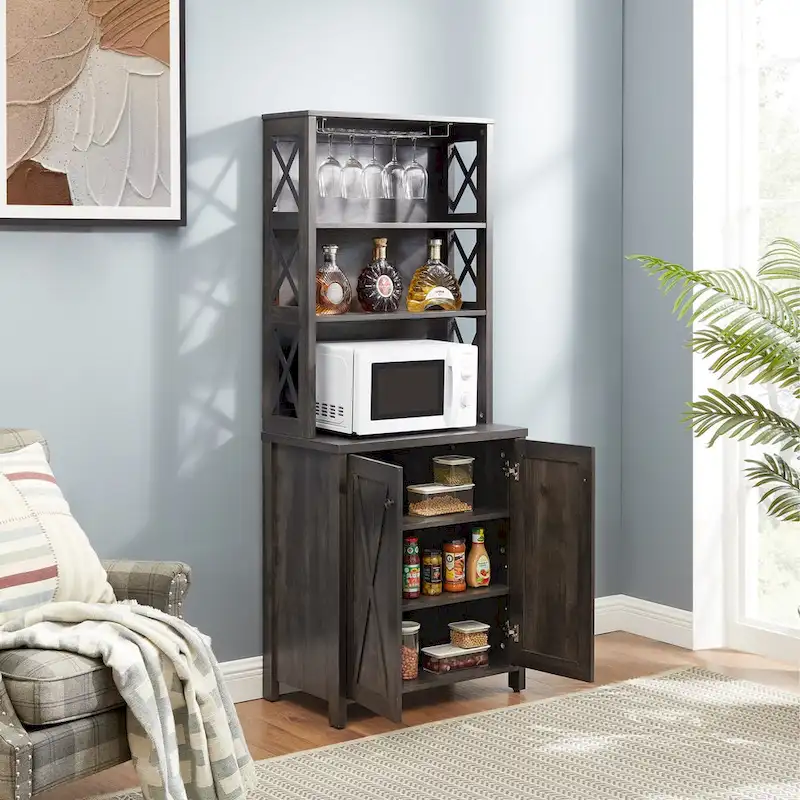 Coffee Bar Cabinet with Microwave Stand Metal Frame Side Home Source Bar Cabinet Cabinet and Hollow out Barn Design Wood Cabinet