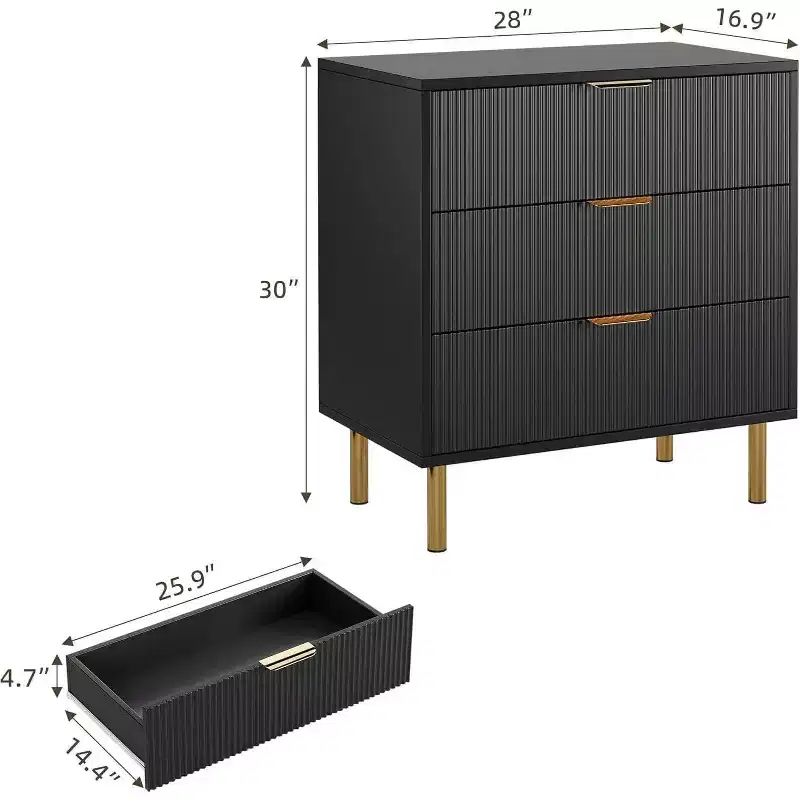 Acekool Fluted Wood 3 Drawer Dresser, 28 Wide Modern Chest, Bedroom Storage Organizer with Gold Handle for Living Room Entryway Hallway