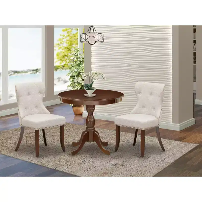 HomeStock Round Dining Table Set Linen Parson Chairs Classic