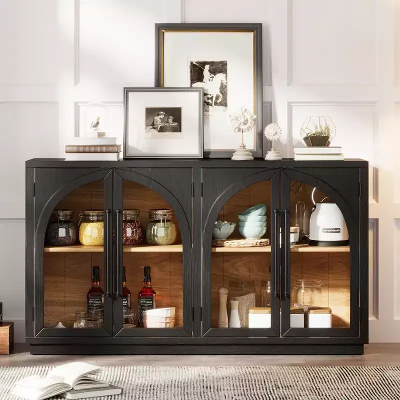Clihome 4-Door Large Storage Sideboard Buffet Cabinet with Glass Doors,Arched Cabinet with Adjustable Shelves for Kitchen, Dining Room and Living Room