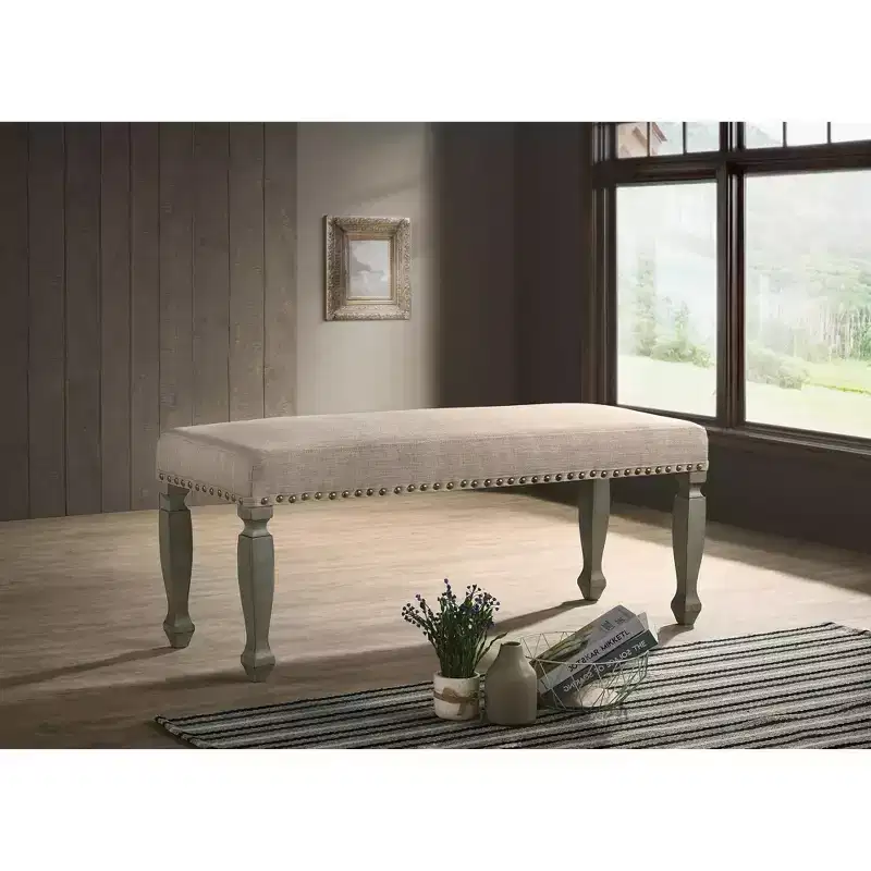 Breda Finish Upholstered Nailhead Bench, Antique Gray