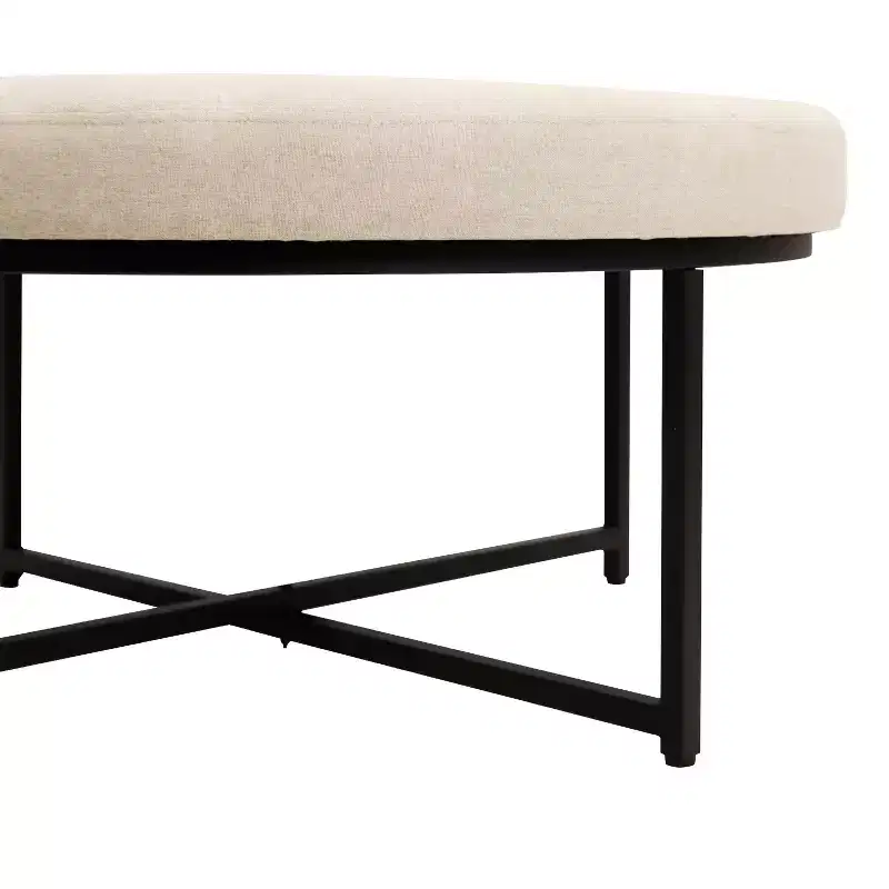 34 Round Cotton Linen Tufted Ottoman with Metal Frame