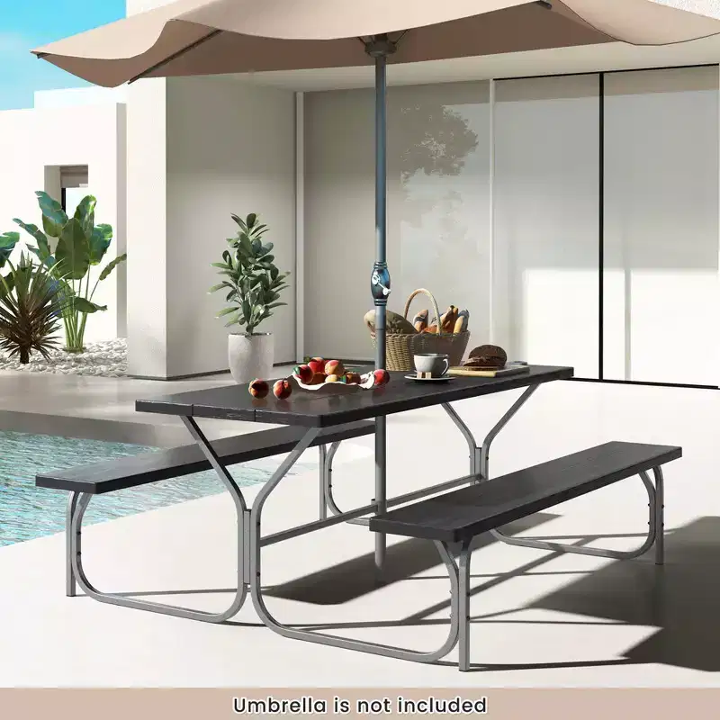 Costway 6 FT Picnic Table Bench Set Outdoor Dining Table & 2 Benches with Metal Frame Green/White/Black/Grey