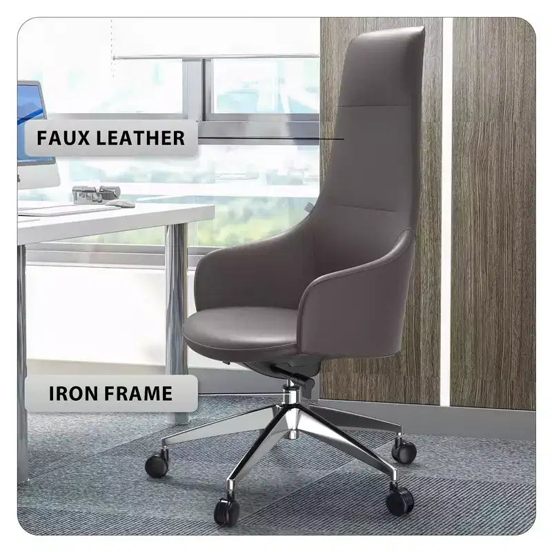 LeisureMod Celeste High-Back Leather Office Chair with Headrest - Modern Iron Frame Swivel & Tilt Executive Desk Chair