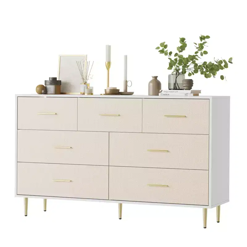 COZONY 7-Drawer Dresser with Gold Handles, Modern Wood Chest with Metal Legs, White Storage Organizer for Bedroom, Living Room, Hallway
